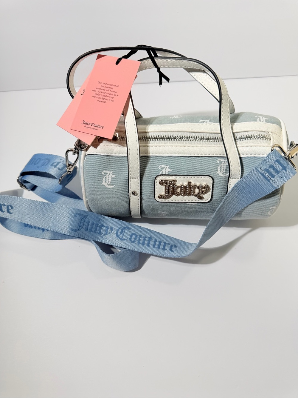 Juicy Couture Light Blue and White Logo Barrel Crossbody Bag